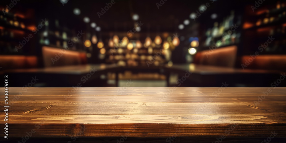 Poster an empty wooden counter table top for product display in a pub or bar. generative ai