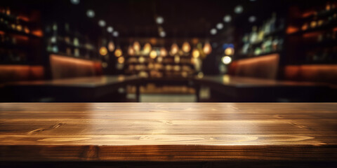 An empty wooden counter table top for product display in a pub or bar. Generative ai