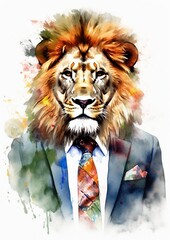 Colorful colorpainted lion in suit (Generative AI, Generativ, KI)