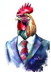 Colorful colorpainted rooster in suit (Generative AI, Generativ, KI)