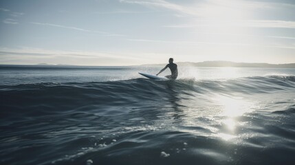 Blue Surfing: A Surfer Taking on the Ocean and Sky with a Blue Board, Generative AI
