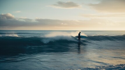Fototapeta premium Blue Waves: A Surfer Riding the Ocean and Sky on a Blue Board, Generative AI 