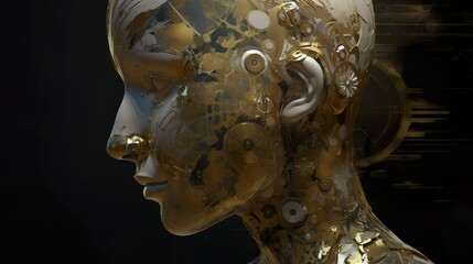 Golden AI future robot, human like with gears. (Generative AI, Generativ, KI)
