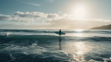 Fototapeta premium Surf's Up: Catching the Perfect Wave on a Blue Board, AI Generative 
