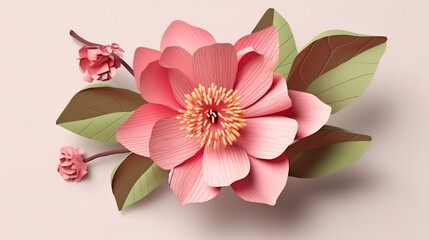 Pink paper craft flower. 3d illustration botanical clip art, Bright color. Generative Ai