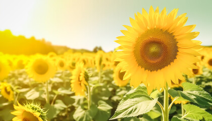 Sunflower field at sunny day, soft lights, blurred background. Generative AI.