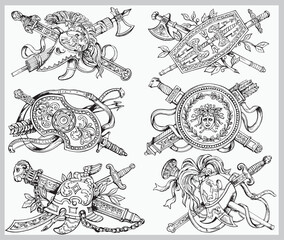 Set of hand drawn sketch style coat of arms isolated on white background. Vector illustration. - 588080255