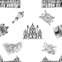 Seamless pattern of hand drawn sketch style Austria related places, buildings and objects isolated on white background. Vector illustration.