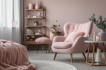 cozy living room with soft pink walls and matching furniture. Generative AI