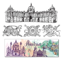 Poster card with hand drawn sketch style Austria related places, buildings, objects isolated on white background. Vector illustration. - 588080496
