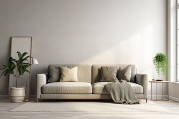 cozy living room with a comfortable couch and a vibrant potted plant. Generative AI