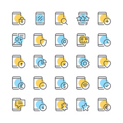 Mobile phone line icons. Set of smartphone icons. Black, blue and yellow colors. Modern outline graphic design. Vector line icons set