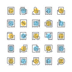 Receipt line icons. Set of receipt icons. Black, blue and yellow colors. Modern outline graphic design. Vector line icons set
