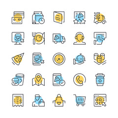 Food delivery line icons. Set of food delivery icons. Black, blue and yellow colors. Modern outline graphic design. Vector line icons set