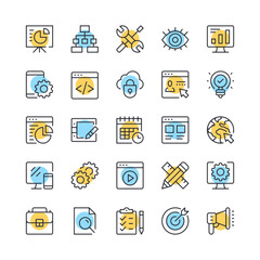 Web development line icons. Set of programming icons. Black, blue and yellow colors. Modern outline graphic design. Vector line icons set