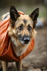 german shepherd dog carries a bag of groceries to his owner