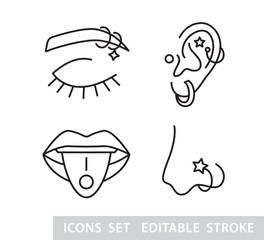 Piercing jewel icons set Face Body Pierce jewelry