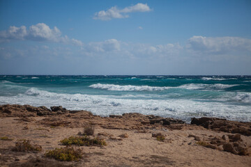 Beautiful seascape with waves on the Mediterranean coast of Cyprus