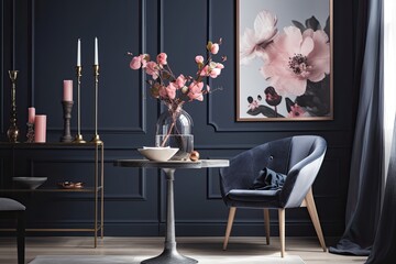 wooden table with a vase of fresh flowers in a sunlit room. Generative AI