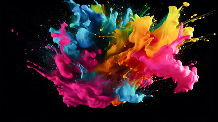 Colorful paint splashing isolated on black background. abstract background. Generative AI technology.