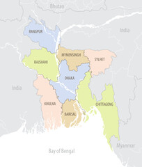 Detailed map of Bangladesh with administrative divisions and borders of neighboring countries, vector illustration on white background