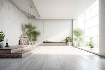 minimalist white room with a wooden bench and green potted plants. Generative AI