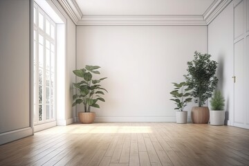 cozy room with greenery and natural light from windows. Generative AI