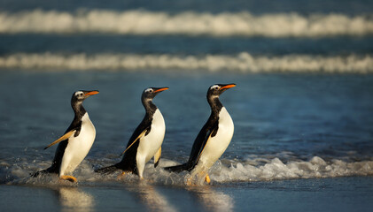 Gentoo penguins emerging from water in the Falkland Islands.