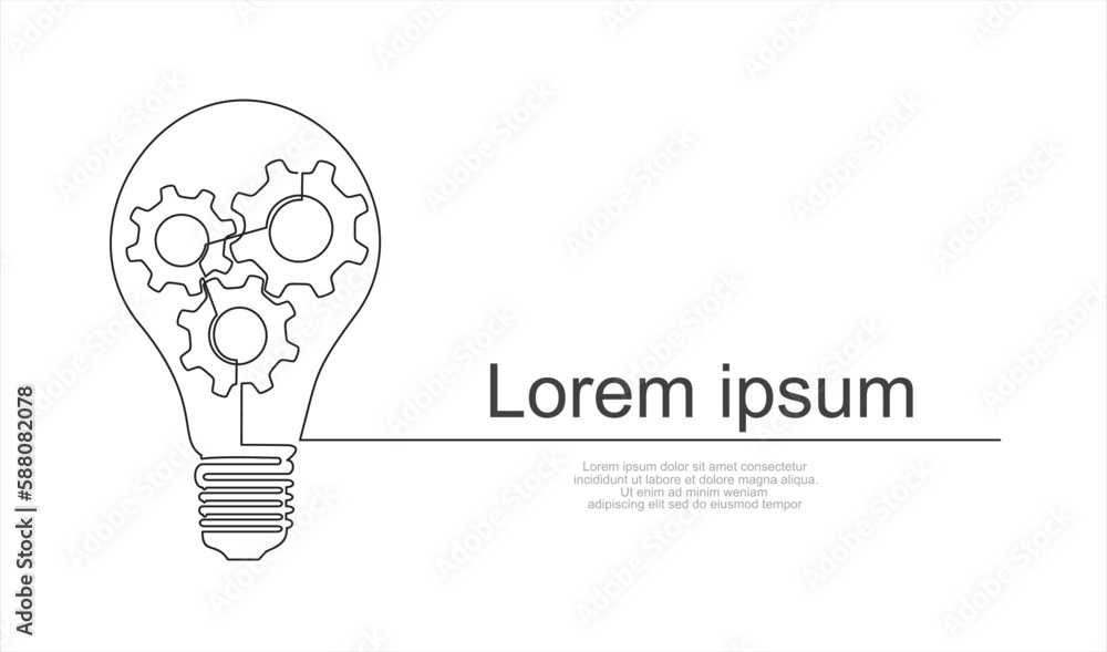 Poster continuous one single line drawing innovation light bulb and gears inside icon vector illustration c