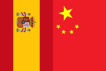 Spain and China vertical flags together background, abstract Spain China politics concept