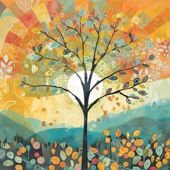 illustration colorée Printemps, arbre et fleurs, Générative IA