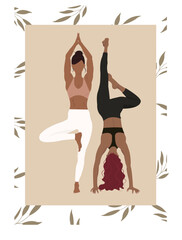 silhouette of two women in yoga position, women fitness yoga vector illustration, faceless style yoga poster
