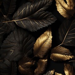 Beautiful seamless pattern with black and golden leaves. Luxurious botany endless texture. Wrapping paper or textile design template. AI generative image.