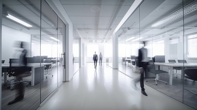Office corridor, long exposure, motion blur effect, modern business center interior with blurred rushing people. Indoor background. Office life concept. AI generative image.