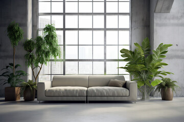 Minimal modern interior living room, with concrete walls in style of brutalism, sofa and plants. Generative AI