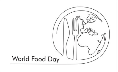 Continuous one single line drawing of Globe, knife and fork. World Food day isolated on white background. Vector Illustration.