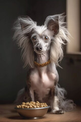 Curious Сhinese crested dog looking at the camera in home. Adorable pet. Waiting for the over. Dog food. At an appointment with a veterinarian. Love for animals. generative ai 