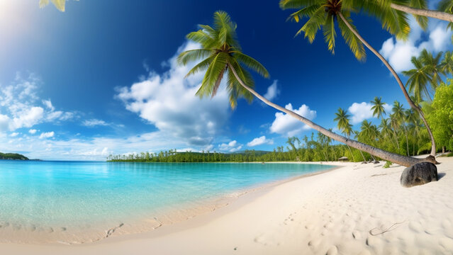 Palmen am Strand mit türkisblauen Meer, generative AI