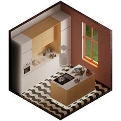 Isometric view of modern kitchen interior with island countertop