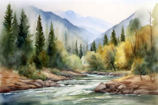 River in the forest with mountains. Landscape watercolor painting.