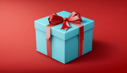 Obraz premium Blue gift box with a red ribbon, on a red background. The concept of sales, discounts and shopping 
