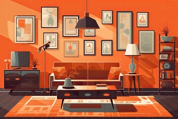 cozy living room with vibrant orange walls and decorative art hanging on the walls. Generative AI