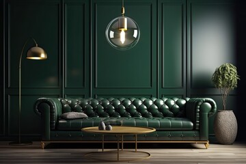 modern living room with green walls and a brown leather sofa. Generative AI
