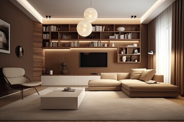 cozy living room with a comfortable couch, coffee table, and entertainment center. Generative AI