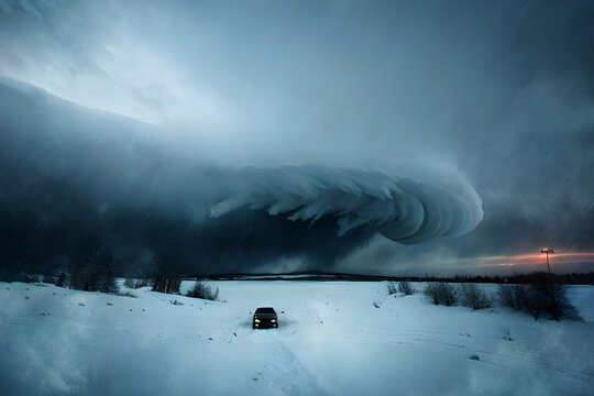 car at snow storm on the road. generative ai