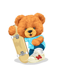 Vector cartoon illustration, hand drawn teddy bear with skateboard