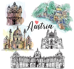 Set of hand drawn sketch style Austria related places and buildings isolated on white background. Colored vector illustration. - 588085201