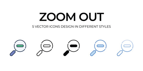 Zoom Out Icon Design in Five style with Editable Stroke. Line, Solid, Flat Line, Duo Tone Color, and Color Gradient Line. Suitable for Web Page, Mobile App, UI, UX and GUI design.