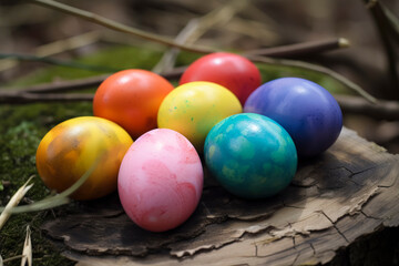 Fototapeta na wymiar How to Celebrate Easter: A Display of Colorful Easter Eggs on a Nest of Wooden Sticks. created with Generative AI technology