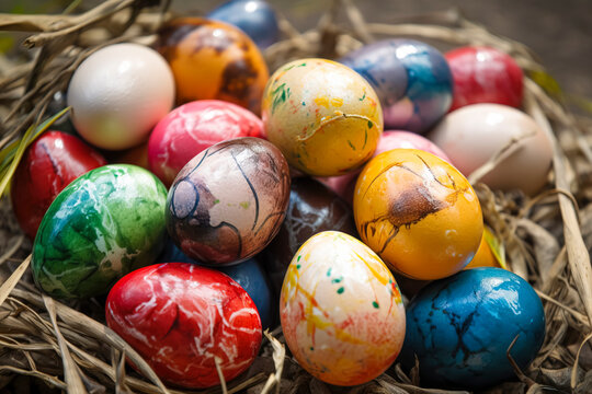 The image showcases a vibrant and colorful collection of Easter eggs arranged in a woven basket. created with Generative AI technology